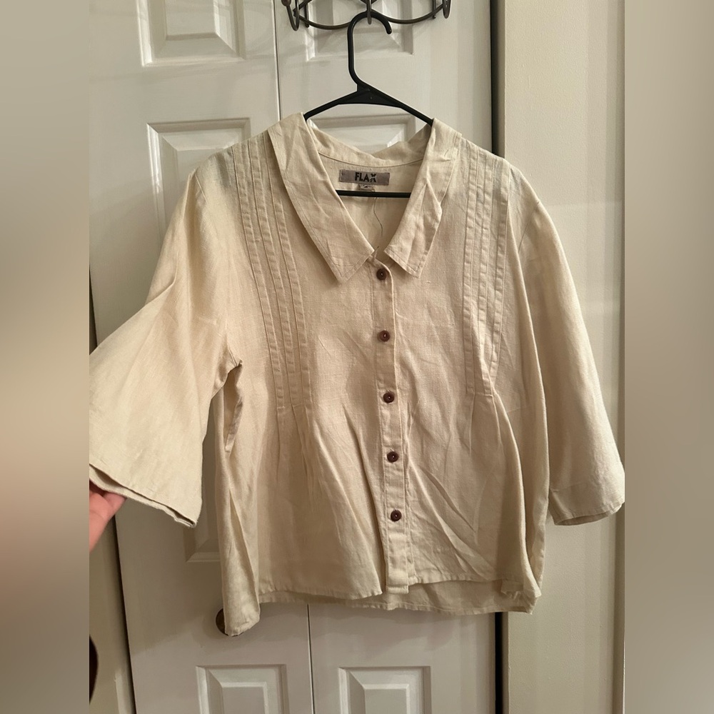 FLAX 100% Linen Pleated Blouse Medium Neutral Coastal French Girl Boho Cream - Picture 3 of 7